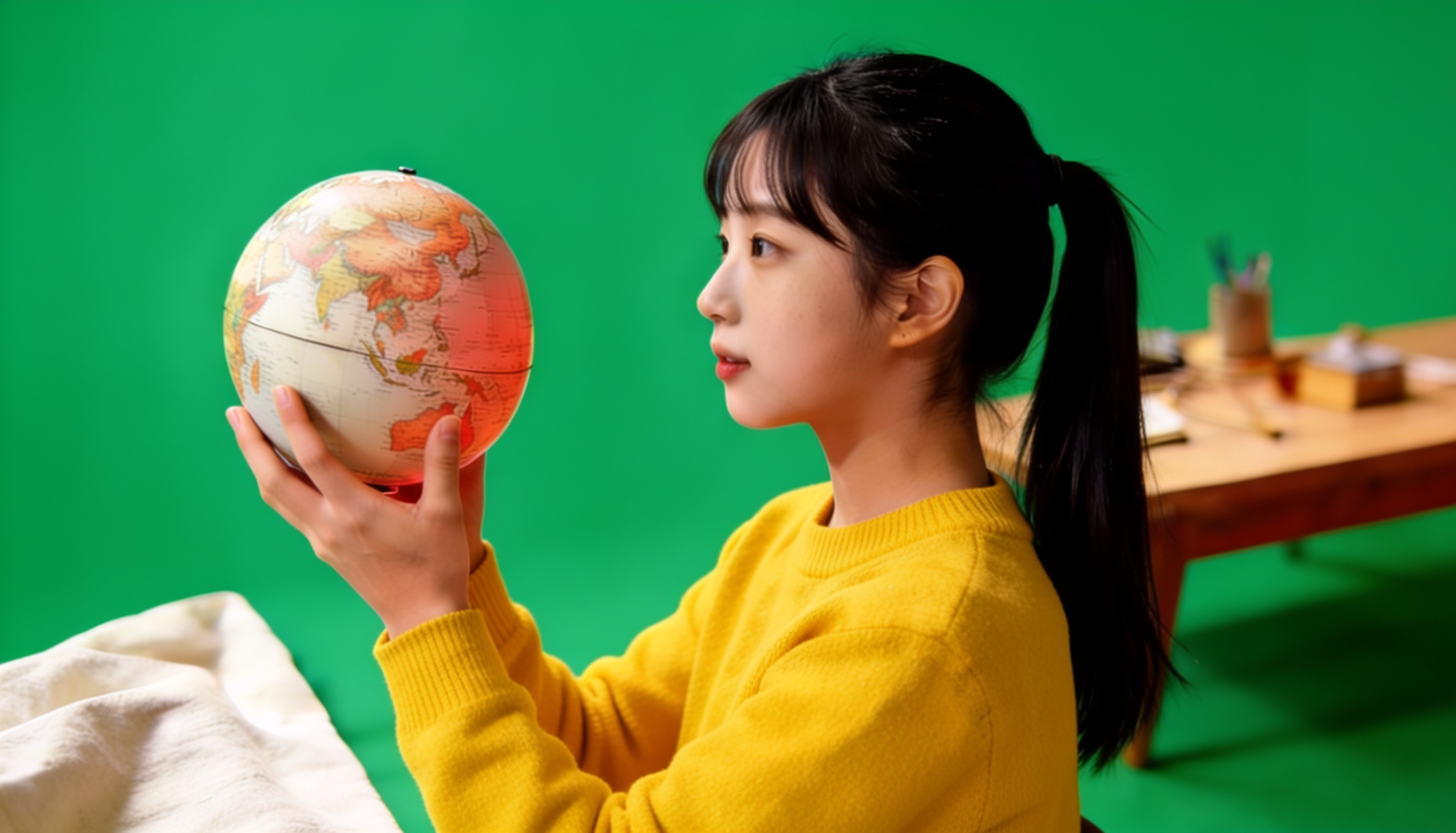 지구본을 바라보며 질문하는 아이